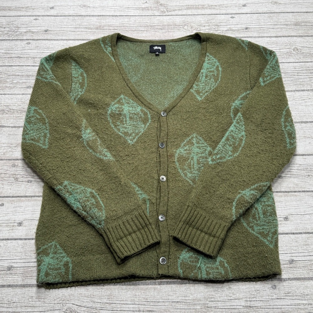 Stussy Sweater Men's Medium Olive Green Cable Knit V-Neck Mohair Mask Cardigan